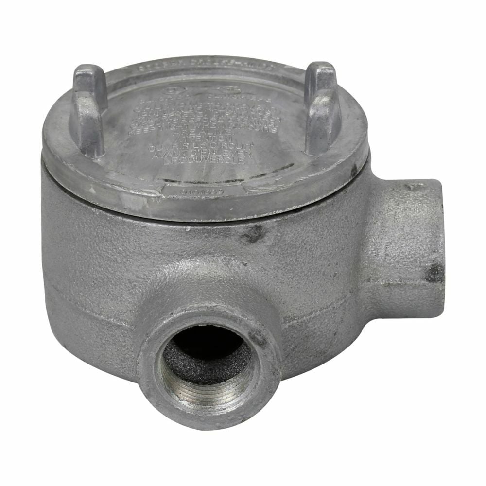 Eaton Crouse-Hinds series Condulet GUA conduit outlet box with cover, 3" cover opening diameter, Copper-free aluminum, L shape, 3/4"