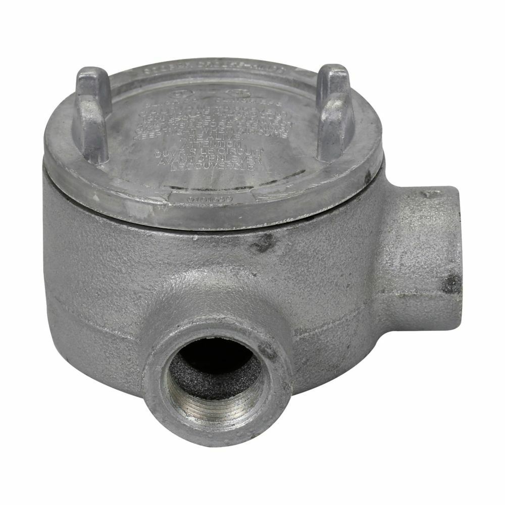 Eaton Crouse-Hinds series Condulet GUA conduit outlet box with cover, 3" cover opening diameter, Copper-free aluminum, L shape, 1"