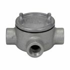 Eaton Crouse-Hinds series Condulet GUA conduit outlet box with cover, 3" cover opening diameter, Copper-free aluminum, T shape, 3/4"