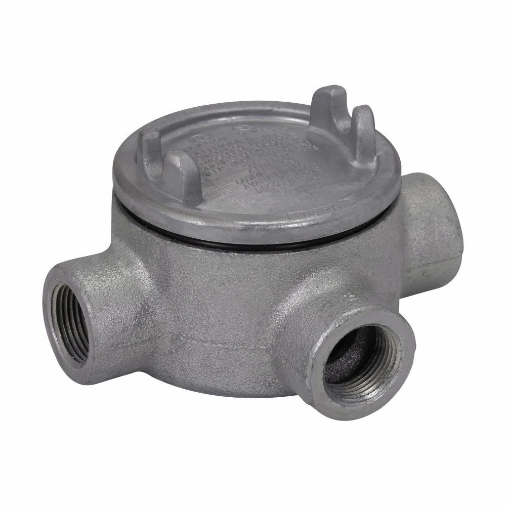 Eaton Crouse-Hinds series Condulet GUA conduit outlet box with cover, 3-5/8" cover opening diameter, Copper-free aluminum, T shape, 1-1/4"