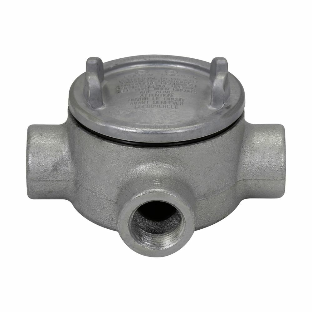 Eaton Crouse-Hinds series Condulet GUA conduit outlet box with cover, 5" cover opening diameter, Copper-free aluminum, T shape, 1-1/2"