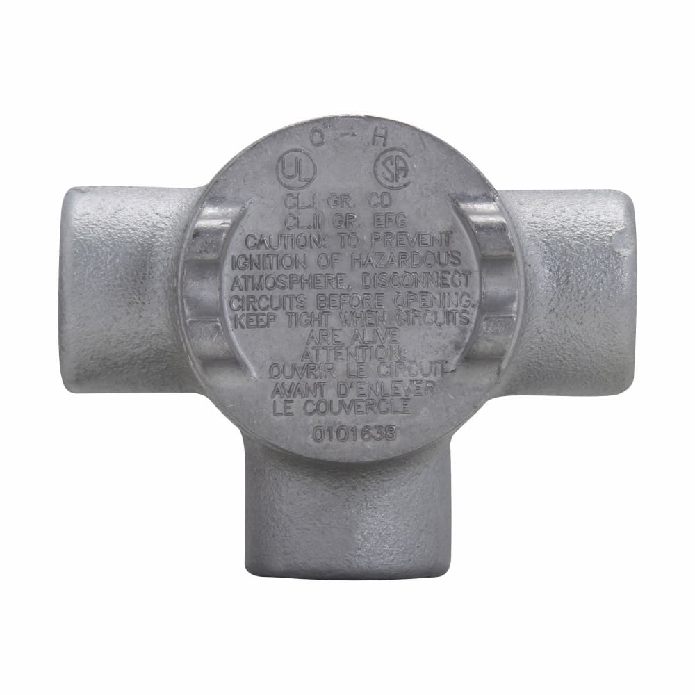 Eaton Crouse-Hinds series Condulet GUA conduit outlet box with cover, 2" cover opening diameter, Copper-free aluminum, W shape, 3/4"