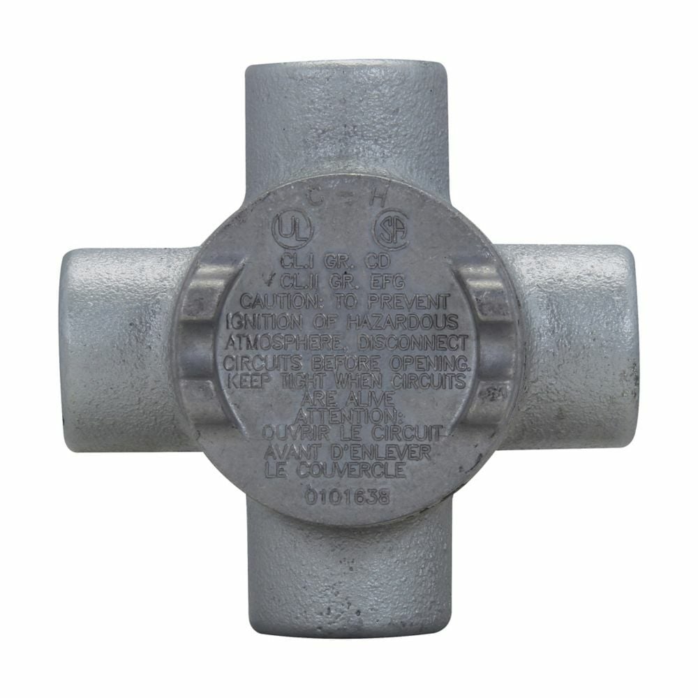 Eaton Crouse-Hinds series Condulet GUA conduit outlet box with cover, 3" cover opening diameter, Copper-free aluminum, X shape, 1/2"