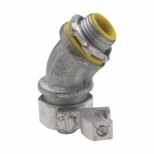 Eaton Crouse-Hinds series Liquidator liquidtight connector, FMC, 45 angle, Aluminum ground lug, Non-insulated, #4-14 AWG lug size, Malleable iron, 1-1/4"