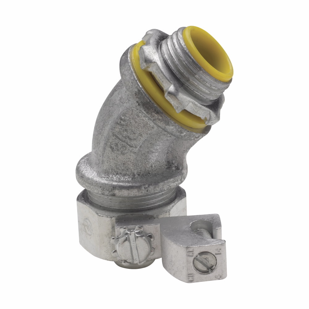 Eaton Crouse-Hinds series Liquidator liquidtight connector, FMC, 45? angle, Aluminum ground lug, Non-insulated, #4-14 AWG lug size, Malleable iron, 1-1/2"