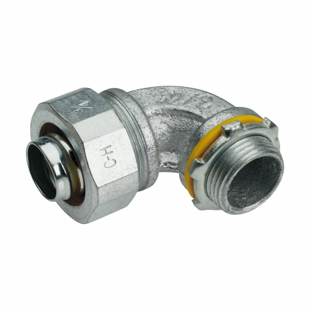 Eaton Crouse-Hinds series Liquidator liquidtight connector, FMC, 90 angle, Non-insulated, Malleable iron, 4"