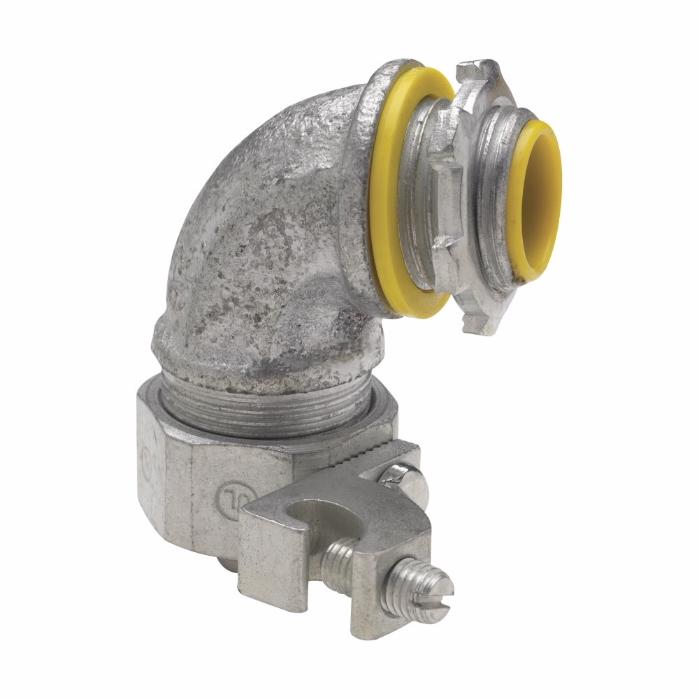 Eaton Crouse-Hinds series Liquidator liquidtight connector, FMC, 90? angle, Aluminum ground lug, Insulated, #4-14 AWG lug size, Malleable iron, 1"