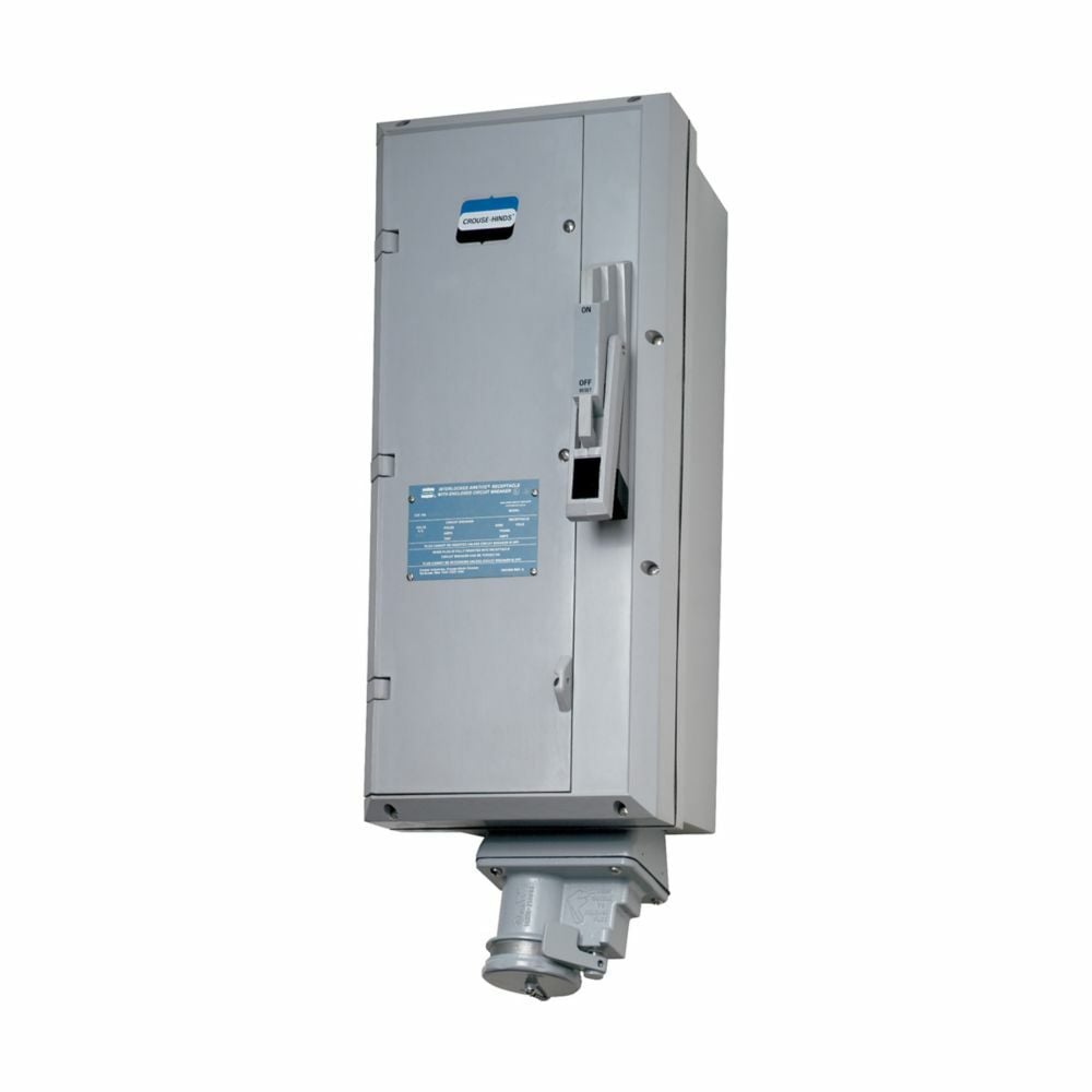 Eaton Crouse-Hinds series Arktite NBR receptacle enclosure, 30A, Three-wire, four-pole, Without breaker, 100A frame size, Style 2, Krydon fiberglass-reinforced polyester, Spring door, 3/4"