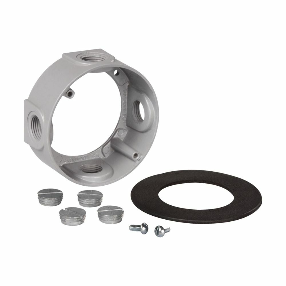 Eaton Crouse-Hinds series weatherproof round outlet box extension, 18.3 cu in, Gray, 1-1/2" deep, Die cast aluminum, (4) 1/2" side holes, 4" round