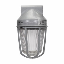 Eaton Crouse-Hinds series Vaporgard VDC light fixture, Medium base, Clear heat and impact resistant glass globe, Cast copper-free alum guard, Incand, Copper-free alum, A-23 max. lamp size, Through feed, 1/2" or 3/4", 120 Vac, 200W