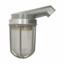 Eaton Crouse-Hinds series Vaporgard VF light fixture, 60 Hz, Clear glass globe, With cast copper-free aluminum guard, Fluorescent, Copper-free aluminum, Stanchion 25 angled mount, 2-lamp, 1-1/4", 120 Vac, 18W