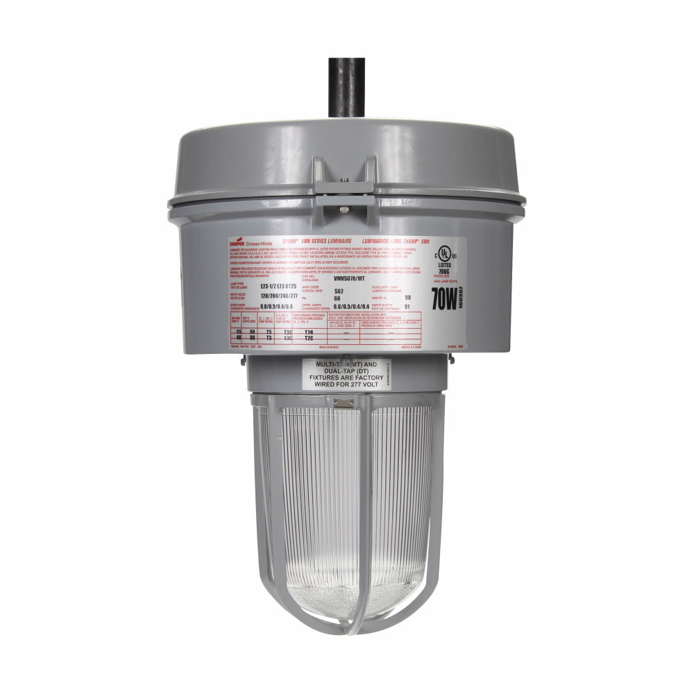 Eaton Crouse-Hinds series Champ VMV light fixture, 60 Hz, Heat and impact resistant glass globe, With guard, HID-Metal halide, Copper-free aluminum, Pendant mount, 3/4" trade size, Multi-tap, 100W