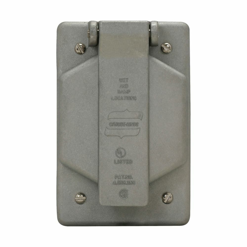 Eaton Crouse-Hinds series WLRS wet location cover with receptacle assembly, 15A, Two-pole, three-wire, Copper-free aluminum, Vertical, 5-15R, 1-3/8", For non-locking blade plugs, 125 Vac