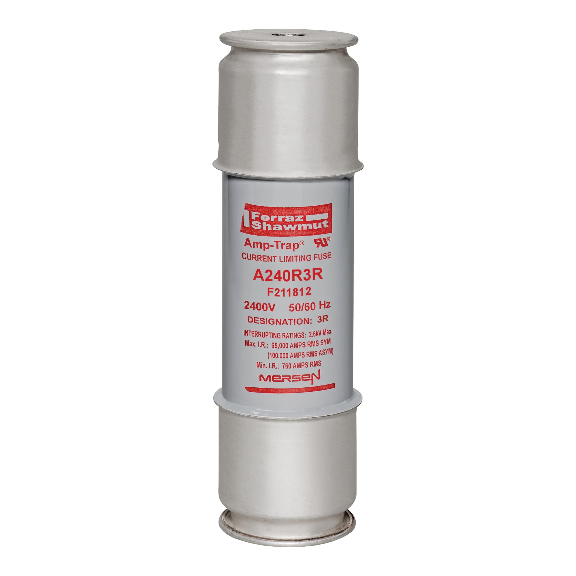 A240R3R Amp-Trap 1-Barrel Back Up Current-Limiting Medium Voltage Motor Protection Fuse, 100 A, 2.4 kV AC, 65 kA Interrupt, Class: R
