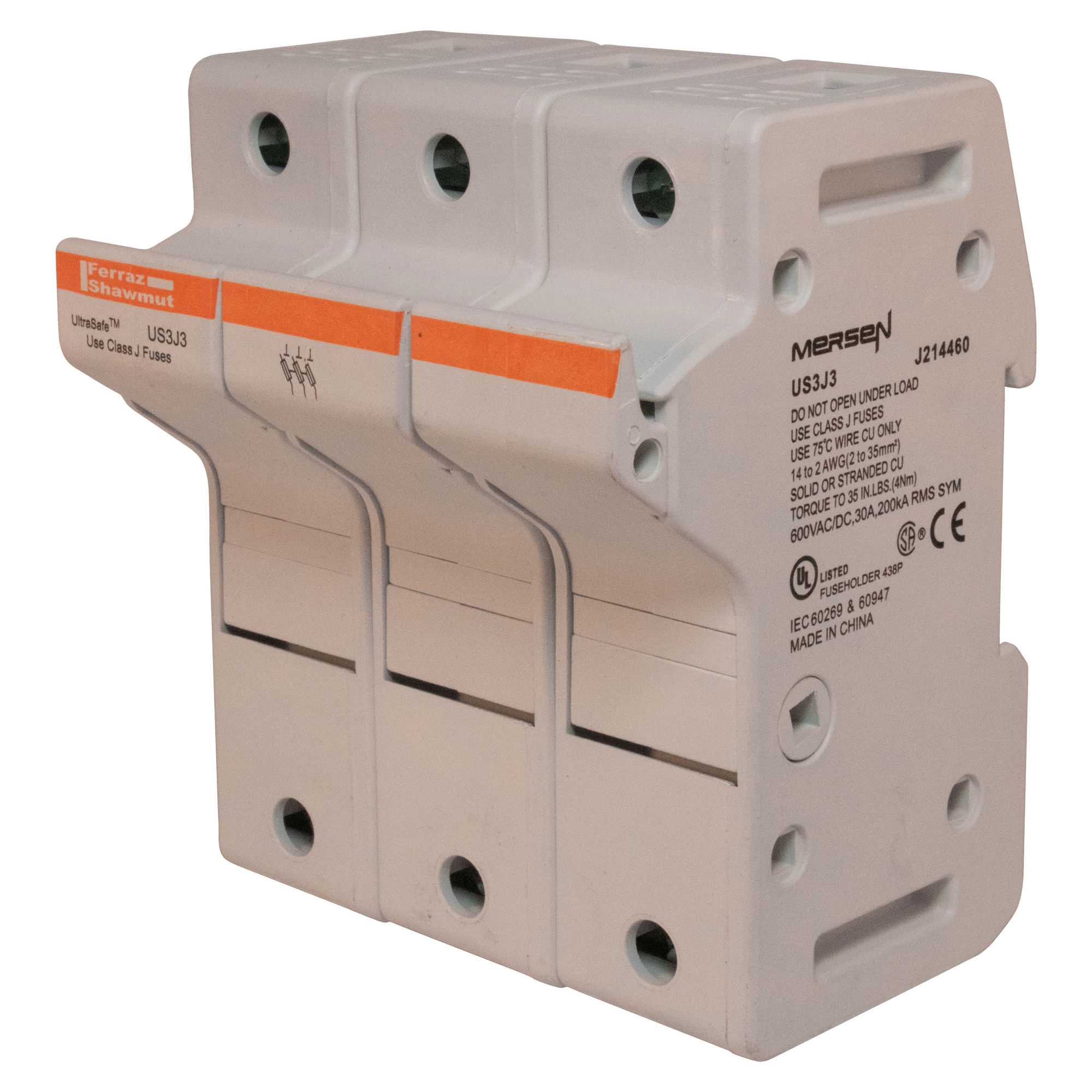 Fuse Holder 600VAC 600VDC Class J 30A 3-Pole Pressure Plate IP65