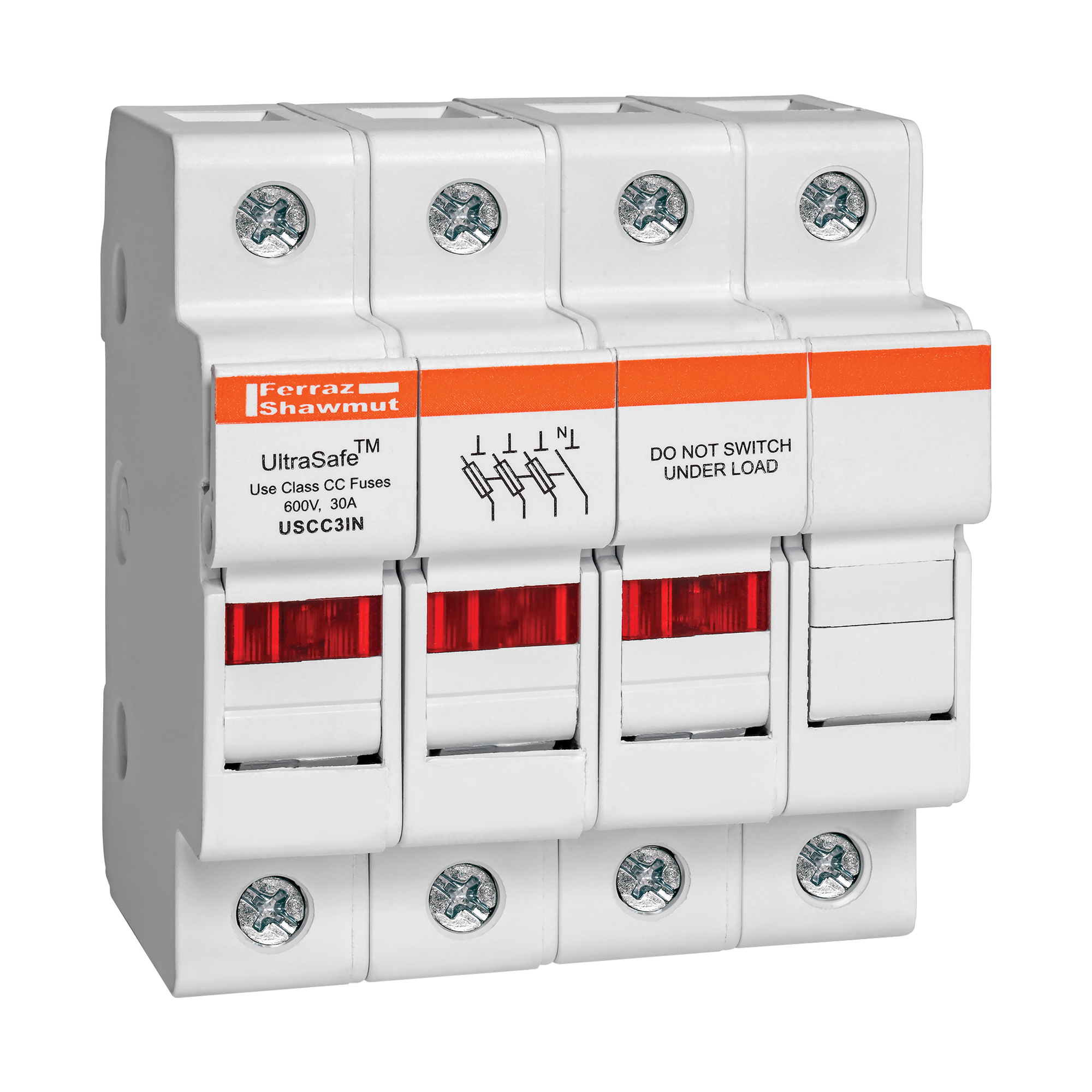 Fuse Holder 600VAC 600VDC Class CC 30A 3-Pole+N LED Pressure Plate IP65