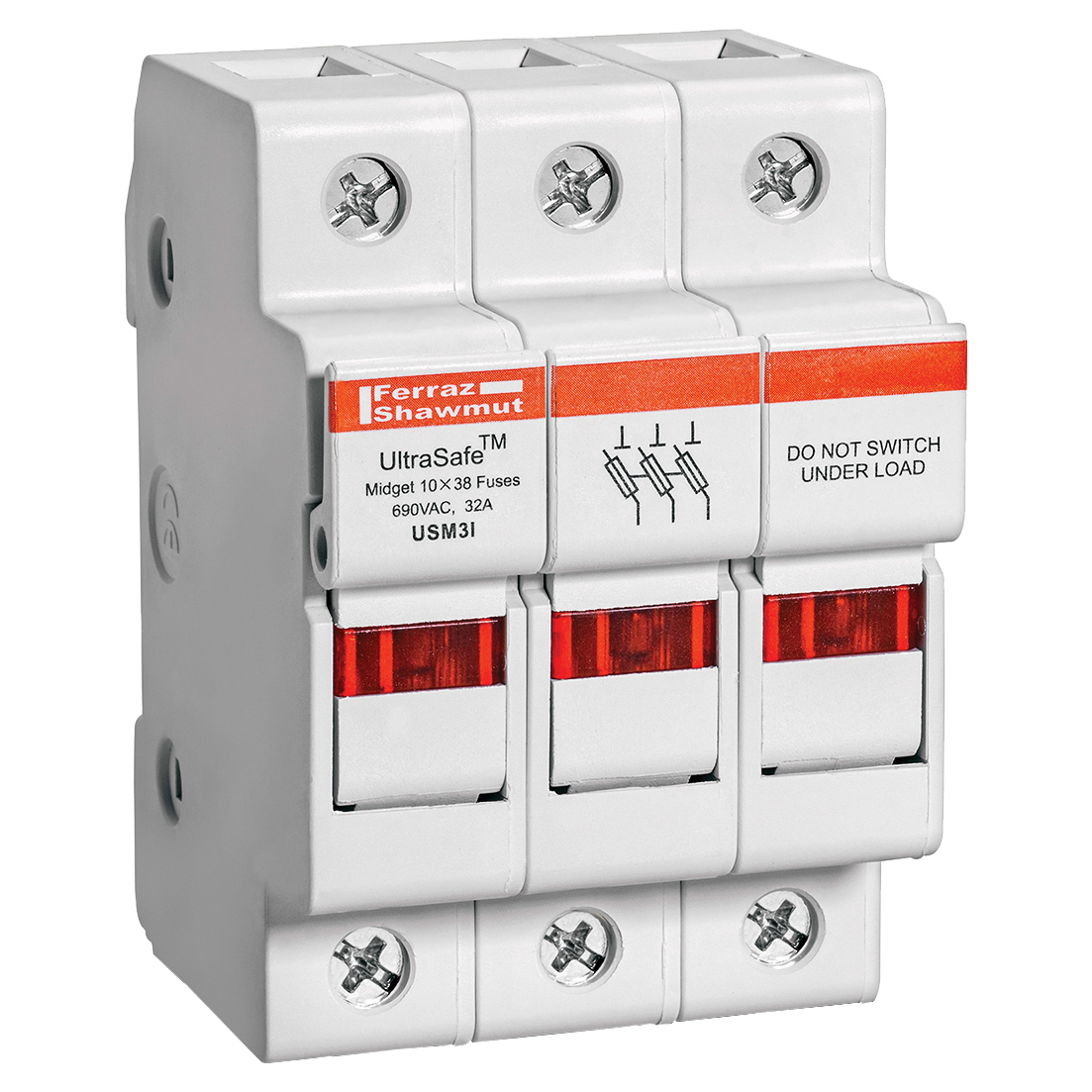 Fuse Holder 600VAC 600VDC Midget 30A 3-Pole LED Pressure Plate IP65