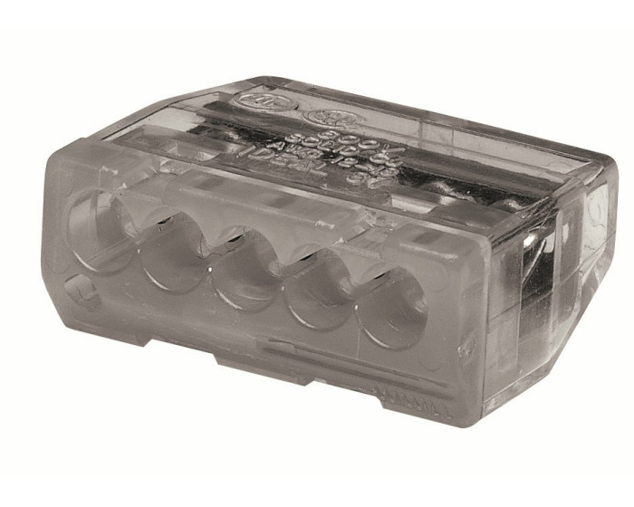 IDEAL, Wire Connector, In-Sure, Push-In, Size: 0.355 IN Length X 0.907 IN Width X 0.729 IN Height, Connection: 5 Ports, Wire Size: #12 AWG - #20 AWG Solid, #14 AWG - #16 AWG (19 Strand Or Less) #18 AWG (7 Strand Or Less) Stranded, #12 AWG - #14 AWG (19 Strand Or Less) #16 AWG (26 Strand Or Less) 318 AWG (16 Strand Or Less) Stranded (Tin Bonded), Color: Gray, Voltage Rating: 600 V Maximum Building Wire, 1000 V Maximum Signs And Lighting Fixtures, Temperature Rating: 105 DEG C Shell Rated, Wire Type: Solid, Stranded, Stranded (Tin Bonded), Model: 87
