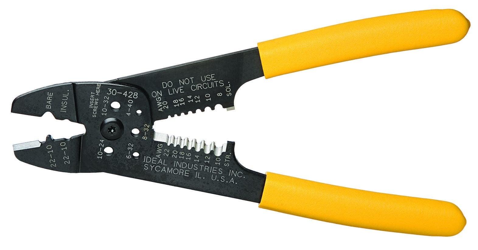 Combination Crimp And Strip Tool, Cushioned, Comfort-Grip Handle, Capacity: 8 - 20 AWG Solid And 10 - 22 AWG Stranded, Number Of Tools: 1, Number Of Functions: 4, For Stripping 8 - 20 AWG Solid And 10 - 22 AWG Stranded Wire, Cuts Unhardened Bolts 4-40, 6-32, 8-32, 10-24, And 10-32, And Reforms Threads