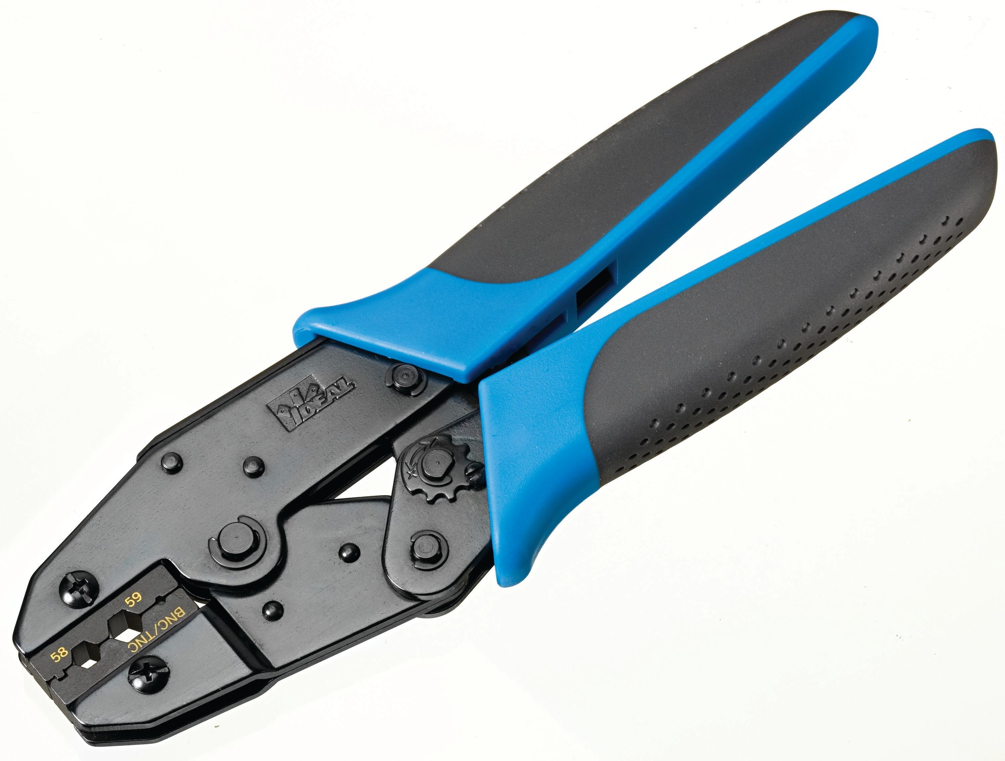 Crimpmaster Ratchet Crimp Tool, Cushioned, Comfort-Grip Handle, Included: Die, For RG-58 RG-59/62AU BNC/TNC 3-Piece Hex Type Connectors