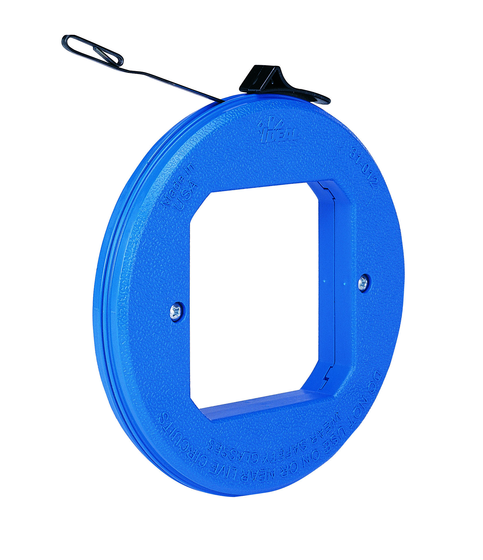 IDEAL, Fish Tape, Blued-Steel, Thumb -Winder, Length: 25 FT, Width: 1/8 IN, Thickness: 045 IN, Tensile Strength: 1600 LB, Tape End: Formed Hook, Material: Highest Grade Carbon Steel, Case Diameter: 7 IN