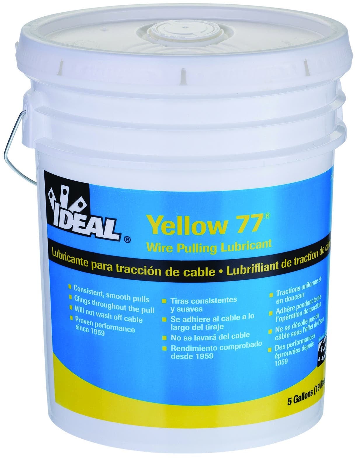 Yellow 77 Lubricant, Size: 5 GAL, Container: Bucket, Specific Gravity: 0.98, Plastic Safe: Yes, Slight Perfume Odor, Voc: 2.7 GPL (As Packaged, Minus Water), Working Temperature: 40 - 100 DEG F, Boiling Point: 212 DEG F (100 DEG C), Percent Volatile By Volume: Less Than 90 PCT, Percent Solid By Weight: Approximately 20 PCT, Yellow Paste, 7 - 8.5 pH, Solubility In Water: Moderate, Storage Temperature: 32 - 130 DEG F, Ul Listed, For Wire Pulling