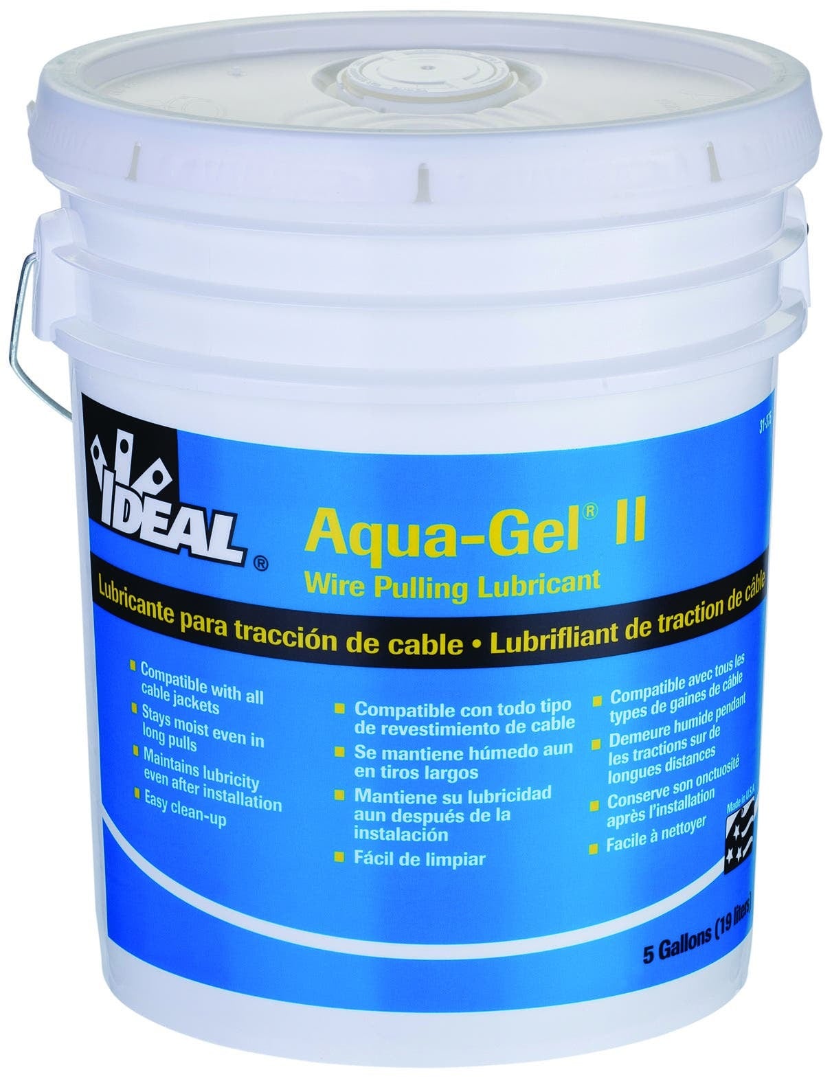 Aqua-Gel II Lubricant, Size: 5 GAL, Container: Pail, Specific Gravity: 0.98, Plastic Safe: Yes, Mild Odor, Voc: 1.7 GPL (As Packaged, Minus Water), Working Temperature: 40 - 100 DEG F, Boiling Point: 212 DEG F (100 DEG C), Percent Volatile By Volume: Less Than 90 PCT, Percent Solid By Weight: Approximately 10 PCT, Clear Blue Gel, 7 - 8 pH, Solubility In Water: Infinite, Storage Temperature: 32 - 180 DEG F, Ul Listed, For Cable Pulling