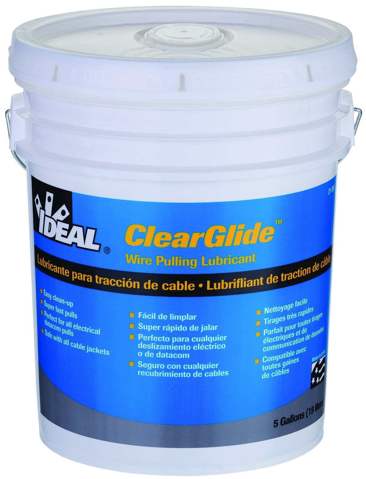 ClearGlide Lubricant, Size: 5 GAL, Container: Bucket, Specific Gravity: 1.09, Plastic Safe: Yes, Slight Odor, Voc: 17.4 GPL (As Packaged, Minus Water), Working Temperature: 40 - 100 DEG F, Boiling Point: 212 DEG F (100 DEG C), Percent Volatile By Volume: Less Than 98 PCT, Percent Solid By Weight: Approximately 5 PCT, Clear, Colorless Gel, 7 - 8 pH, Solubility In Water: Infinite, Storage Temperature: 32 - 180 DEG F, Ul Listed, For Wire Pulling