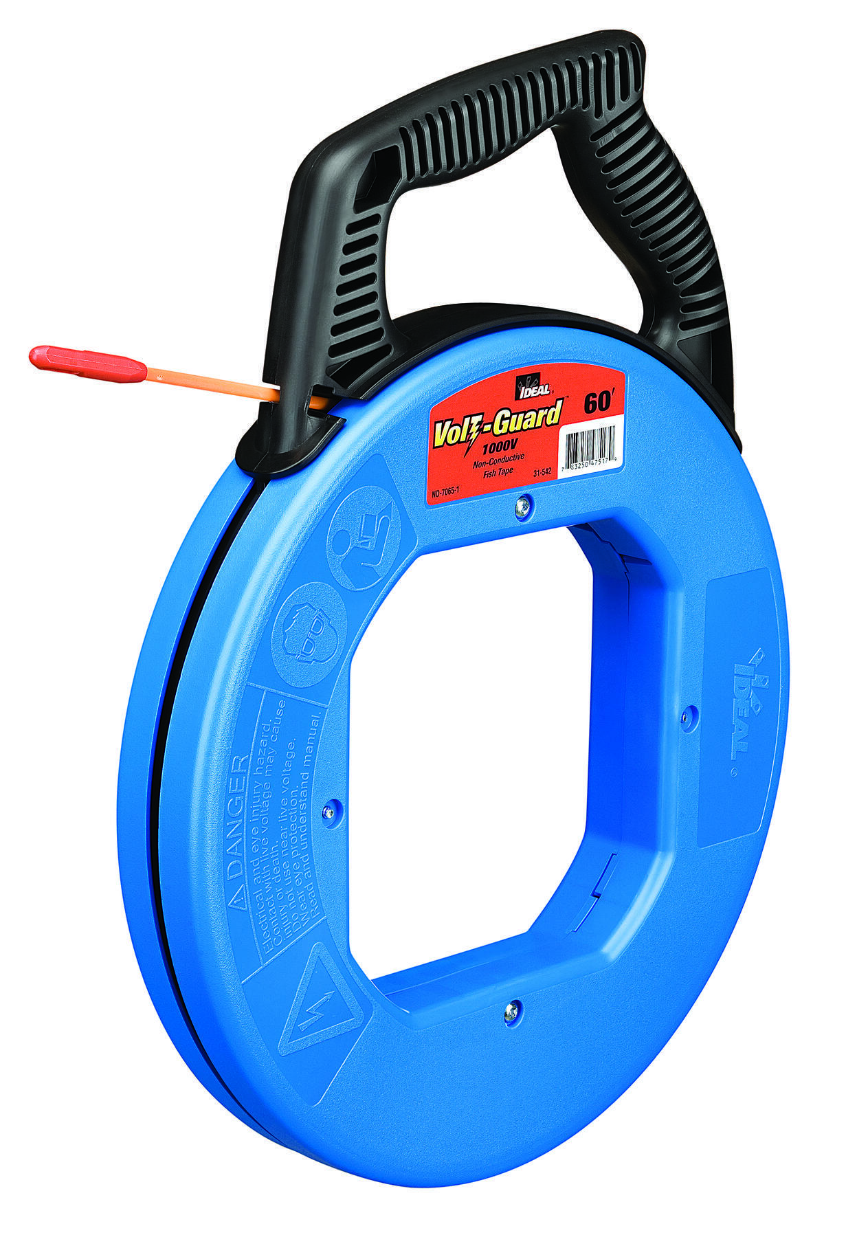 IDEAL, Fish Tape, Volt-Guard, Tuff-Grip Pro, Length: 120 FT, Width: 0.1875 IN, Thickness: 094 IN, Tape End: Eyelet, Material: Fiberglass, Case Diameter: 12 IN, Replacement Tape: 31-554