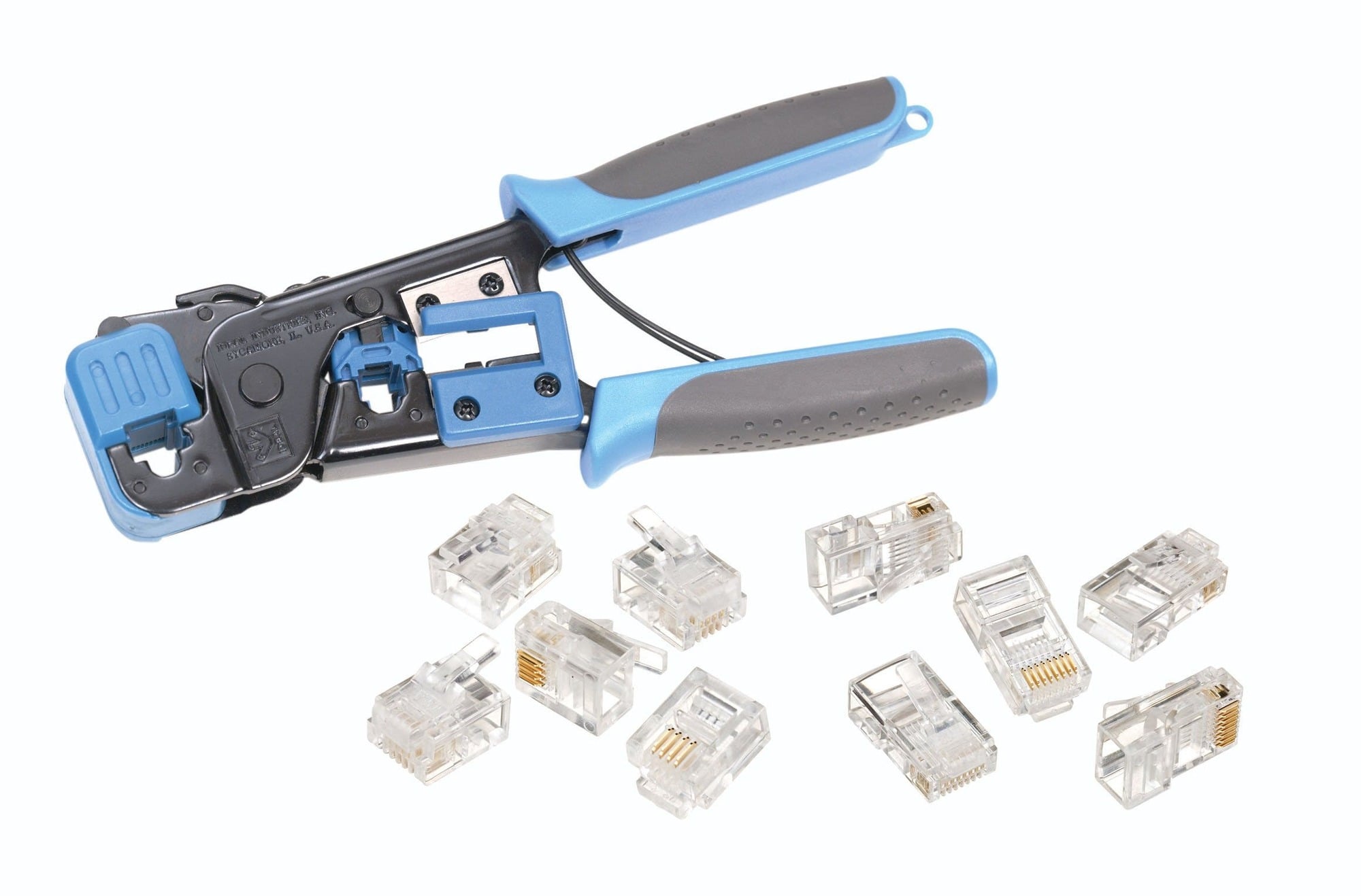 IDEAL, Crimp Kit, Telemaster, Telco/Data, Consist Of 2: 85-346 8-Position 8-Contact Round Solid, 25/Card, Consist Of 1: 30-496 Telemaster RJ-11/RJ-45 Tool, Black Handle, Consist Of 3: 86-395 6-Position 6-Contact Round Solid, 100/Bag, Consist Of 4: 85-344 6-Position 4-Contact Round Solid, 25/Card, Consist Of 5: 85-351 4-Position, RJ-11 Stranded Modular Plugs, Includes: 85-352 6-Position, RJ-11 Stranded Modular Plugs, 85-353 8-Position, RJ-45 Stranded Modular Plugs, Cable Type: RJ-11, RJ-45