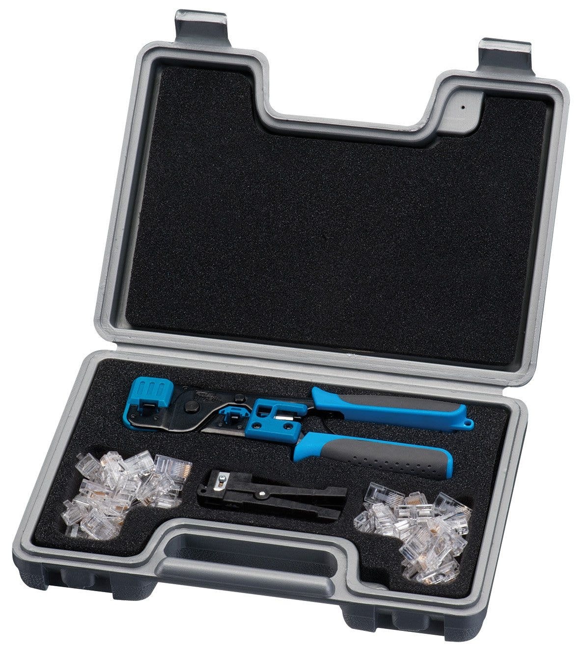 IDEAL, Termination Kit, Telemaster, Economy 10Base-T, Consist Of 1: 30-496 Telemaster RJ-11/RJ-45 Tool, Black Handle,Telemaster RJ-11/RJ-45 Tool, Consist Of 2: 45-165 Coaxial Stripper, 3/16 IN To 5/16 IN, UTP/Coax Stripper, Consist Of 3: 85-346 8-Position 8-Contact Round Solid, 25/Card, 8-Position RJ-45 Non-Keyed Solid Plugs, Cable Type: RJ-45, RJ-11