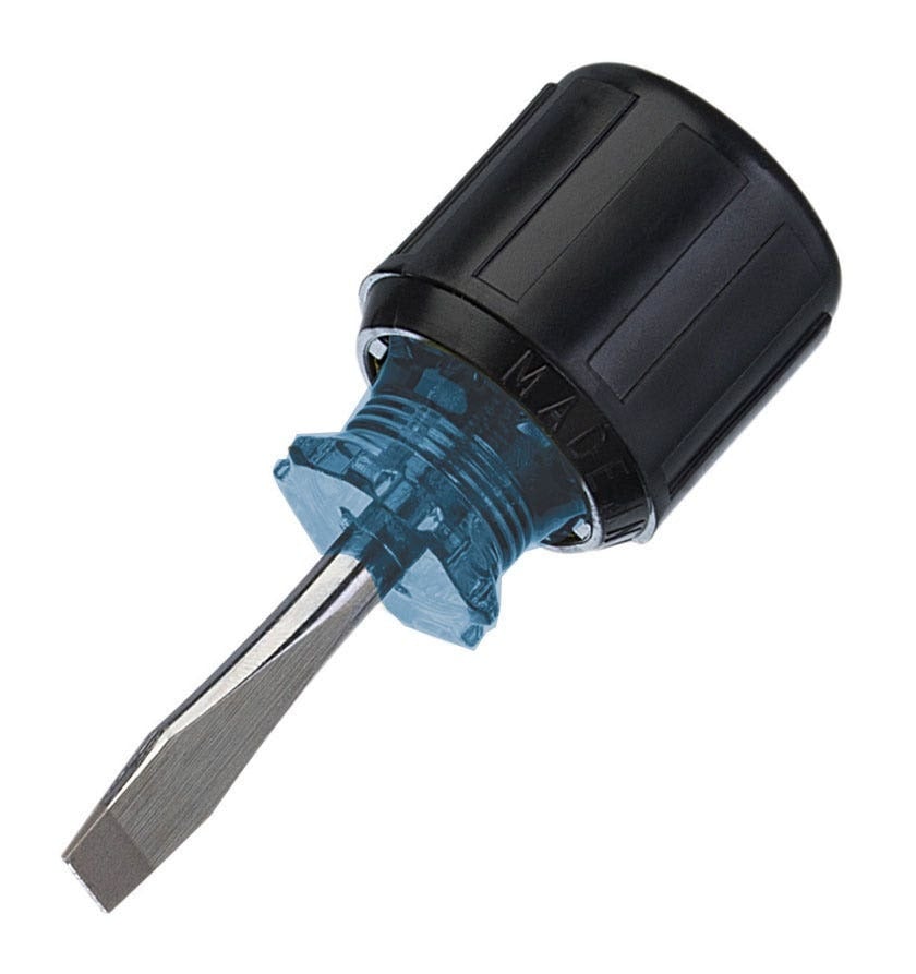 IDEAL, Screwdriver, Heavy-Duty, Slotted, Keystone Tip, Tip Size: 1/4 IN, Overall Length: 3-3/8 IN, Shank Length: 1 IN, Shank Shape: Round, Handle Type: Cushioned Rubber Grip, Blade Material: Chrome Vanadium Steel, Tip Type: Keystone, Shank Size: 1/4 IN, Warranty: Lifetime Guarantee