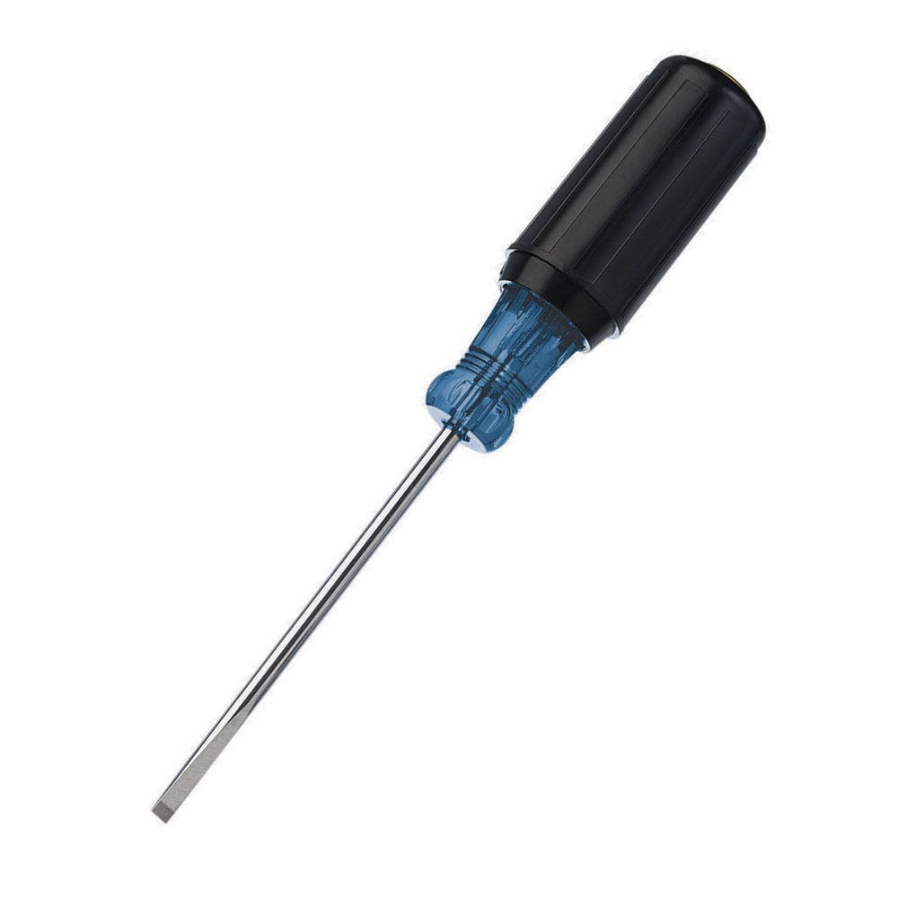 IDEAL, Screwdriver, Electrician's, Tip Size: 3/16 IN, Overall Length: 7-3/4 IN, Shank Length: 4 IN, Handle Type: Cushioned Rubber Grip, Blade Material: Chrome Vanadium Steel, Blade Finish: Nickel-Chrome Plating, Tip Type: Cabinet, Shank Size: 3/16 IN
