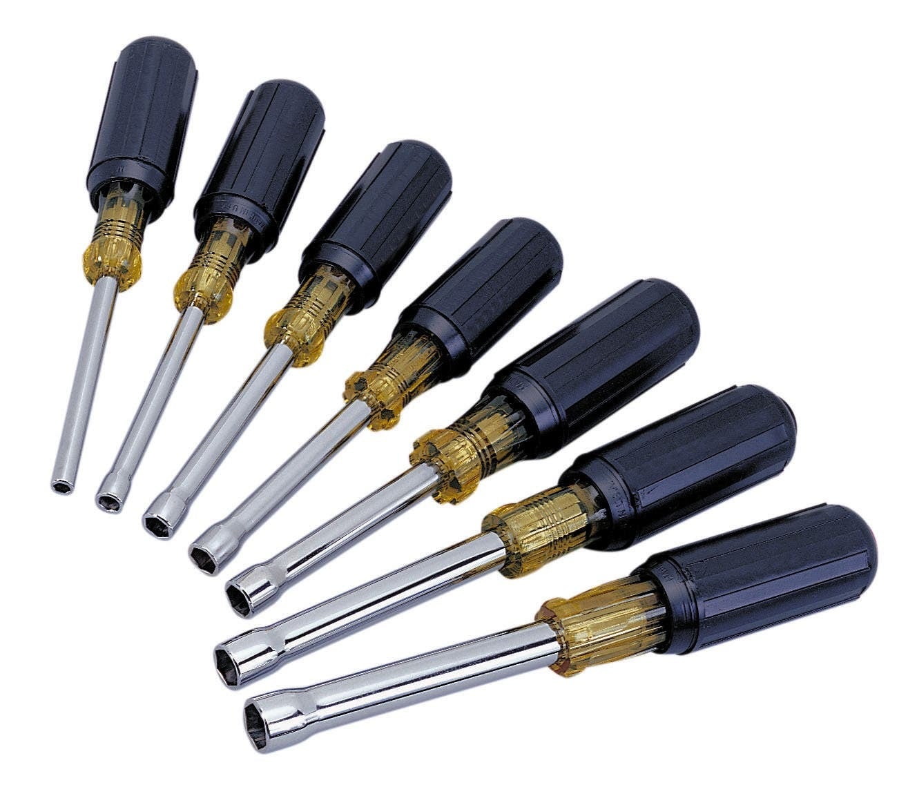 Nutmaster Nutdriver Set, Hollow Shank, Cushioned Rubber Grip Handle, Hollow Shaft, Nickel Chrome Plated Shank, 7 Pieces, Includes: 35-290 3/16 IN X 3-1/4 IN, 35-291 1/4 IN X 3-1/4 IN, 35-292 5/16 IN X 3-1/4 IN, 35-293 11/32 IN X 3-1/4 IN, 35-294 3/8 IN X 3-1/4 IN, 35-295 7/16 IN X 4 IN, 35-296 1/2 IN X 4 IN