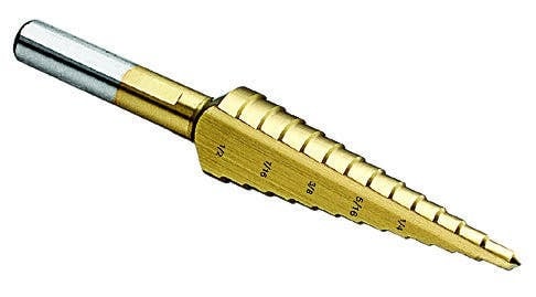 Step Drill Bit, Number Of Drill Stages: 13, Minimum Drill Diameter: 1/8 IN, Maximum Drill Diameter: 1/2 IN, Step Increments: 1/32 IN, Step 1/8 IN Thickness, 1/4 IN Shank, 1 IN Shank, Titanium Nitride Finish