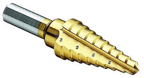 Step Drill Bit, Number Of Drill Stages: 9, Minimum Drill Diameter: 1/4 IN, Maximum Drill Diameter: 3/4 IN, Step Increments: 1/16 IN, Step 1/8 IN Thickness, 3/8 IN Shank, 1 IN Shank, Titanium Nitride Finish