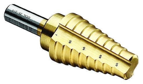 Step Drill Bit, Number Of Drill Stages: 8, Minimum Drill Diameter: 1/2 IN, Maximum Drill Diameter: 1 IN, Step Increments: 1/16 IN, Step 1/8 IN Thickness, 3/8 IN Shank, 1 IN Shank, Titanium Nitride Finish