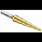 Step Drill Bit, Number Of Drill Stages: 6, Minimum Drill Diameter: 3/16 IN, Maximum Drill Diameter: 1/2 IN, Step Increments: 1/16 IN, Step 3/8 IN Thickness, 1/4 IN Shank, 1 IN Shank, Titanium Nitride Finish