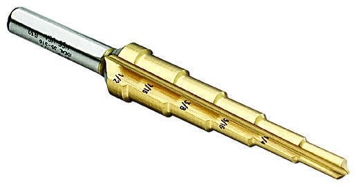 Step Drill Bit, Number Of Drill Stages: 6, Minimum Drill Diameter: 3/16 IN, Maximum Drill Diameter: 1/2 IN, Step Increments: 1/16 IN, Step 3/8 IN Thickness, 1/4 IN Shank, 1 IN Shank, Titanium Nitride Finish
