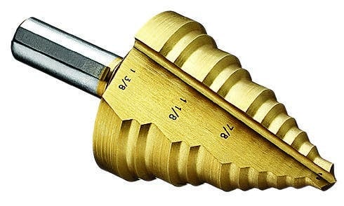 Step Drill Bit, Number Of Drill Stages: 10, Minimum Drill Diameter: 1/4 IN, Maximum Drill Diameter: 1-3/8 IN, Step Increments: 1/32 IN, Step Thickness: 1/16 To 1/4 IN, 3/8 IN Shank, 1 IN Shank, Titanium Nitride Finish
