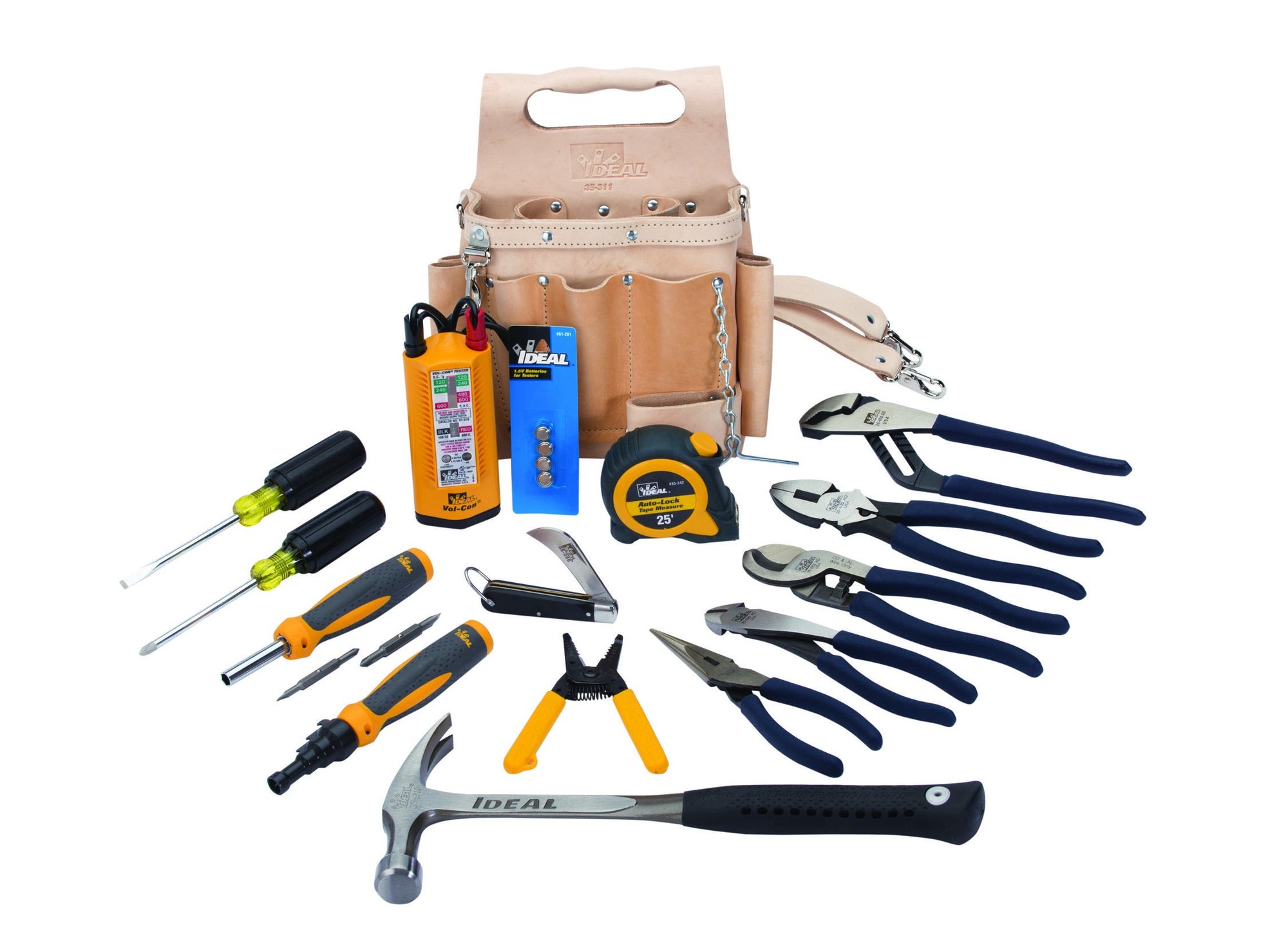 IDEAL, Hand Tool Kit, LASERedge, Consist Of 1: 30-430 Side-Cutting Pliers, NE Type High-Leverage with Crimp Die, 9-1/4 IN Length, Consist Of 2: 35-029 Diagonal-Cutting Pliers with Angled Head, 8 IN Length, Consist Of 3: 35-038 Long-Nose Pliers, Heavy-Duty with Cutter, 8-1/2 IN Length, Consist Of 4: 35-430 Tongue and Groove Pliers, 10 IN Length, Consist Of 5: 35-052 Cable Cutter, For 2/0 And Smaller Cable, Includes: 45-120 T-5 T-Stripper Wire Stripper, Solid 10-18, Stranded 12-20, 35-908 7-In-1 Twist-a-Nut Screwdriver/Nutdriver, 35-194 Phillips Screwdriver, For #2 Phillips Head Screws, 1/4 IN Diameter X 4 IN Long Shank, 35-164 Heavy-Duty Slotted Keystone Tip Screwdriver, 1/4 IN Diameter X 4 IN Long Shank,35-083 Twist-A-Nut Conduit Deburring Tool, 35-210 Drop-Forged Hammer 18 OZ, 35-242 25 FT Automatic Blade Lock Measuring Tape, 35-285 Electrician's Knife,61-086 Vol-Con XL Tester, 61-201 Batteries Vol-Con Tester, 35-311 Tuff-Tote Tool Pouch with Shoulder Strap, Standard Leather Model, Number Of Pieces: 16