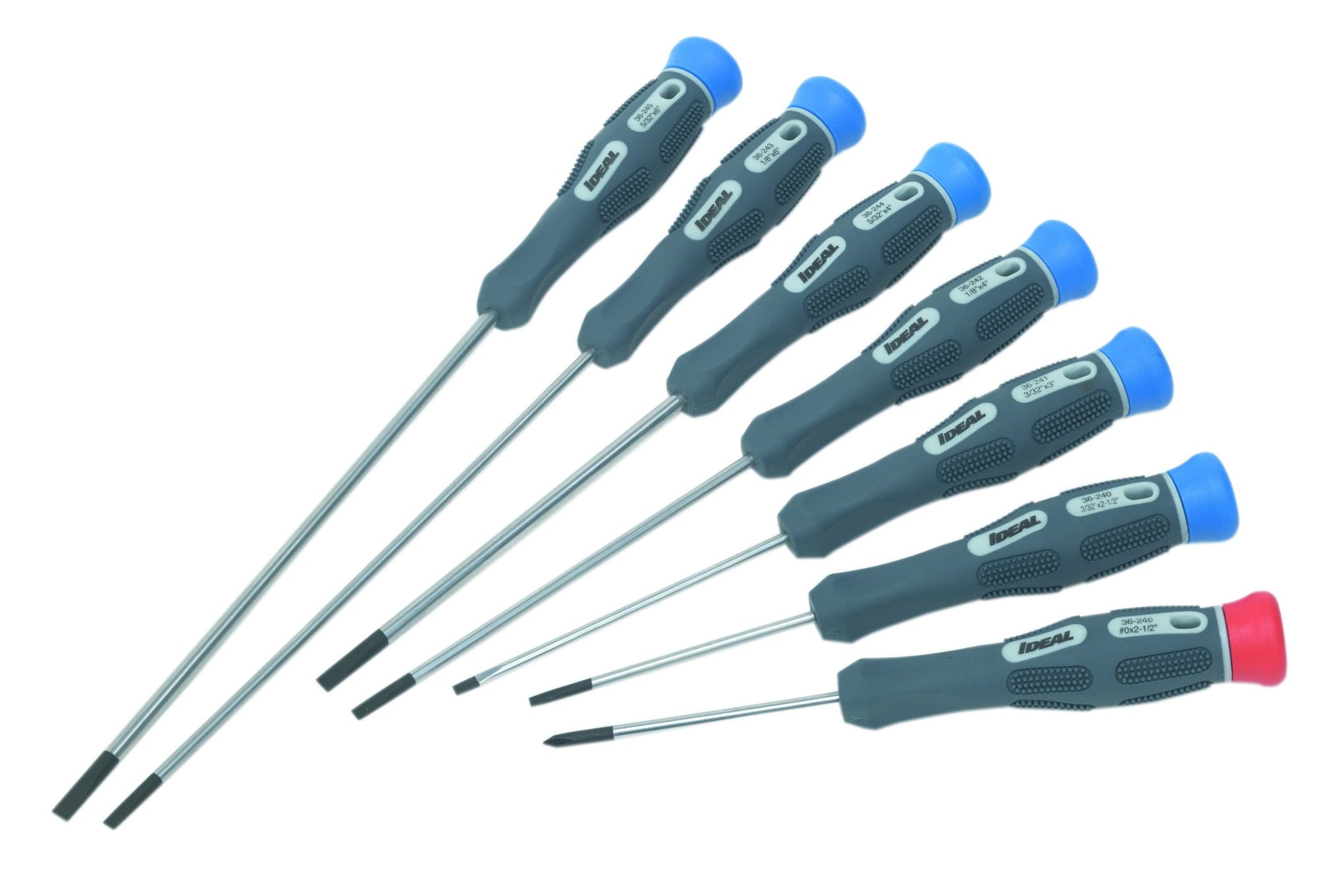 IDEAL, Screwdriver Kit, Electronic, Number Of Pieces: 7-Piece, Blade Finish: Vapor-Blasted Tip, Includes: one each of 36-240 thru 36-246