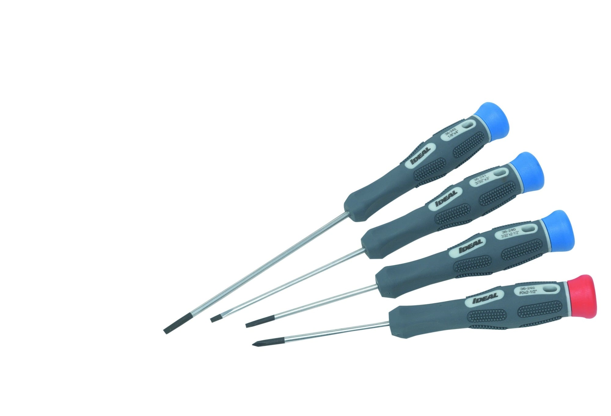 IDEAL, Screwdriver Kit, Electronic, Number Of Pieces: 4-Piece, Blade Finish: Vapor-Blasted Tip, Includes: one each of 36-240, -241, -242, & -246