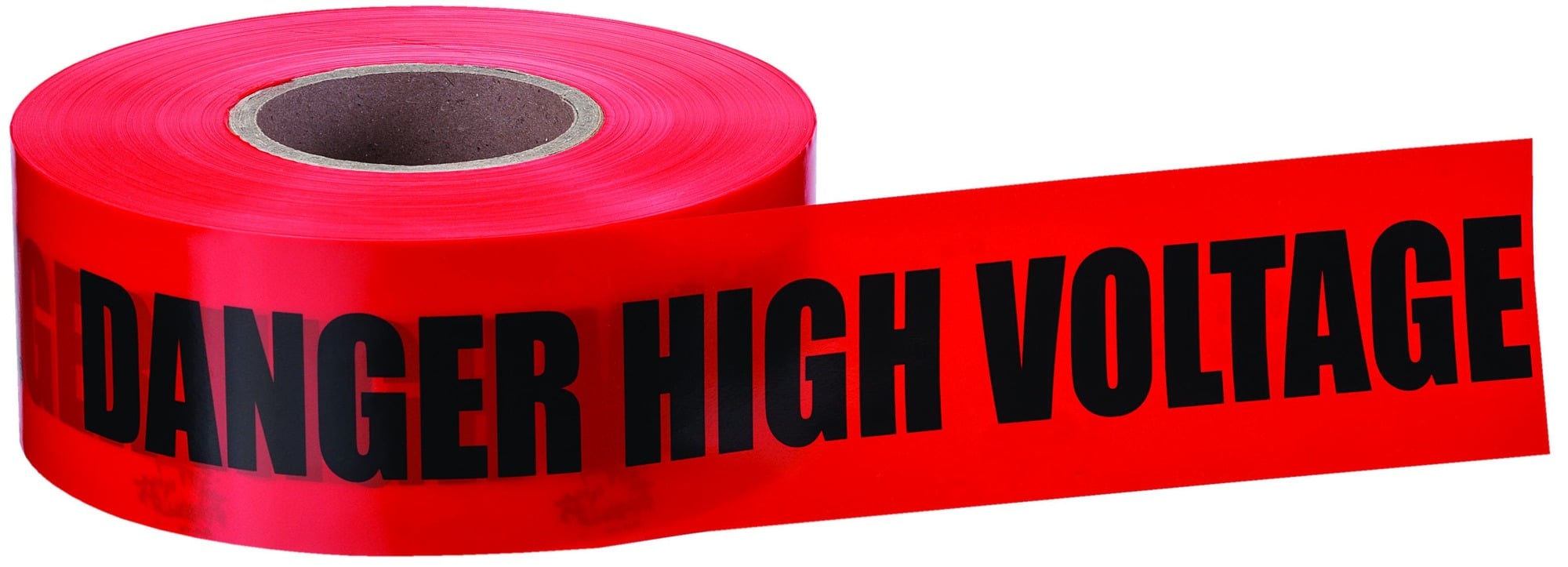 Barricade Tape, 3 IN Roll Width, 1000 FT Roll Length, Danger High Voltage Keep Out Legend, LDPE, Red, 4 MIL Thickness, Elongation: = 400 PCT ASTM D882-75B, Tensile Strength: 2350 PSI TD, 1893 PSI MD ASTM D882, OSHA Specifications Section 1010.144