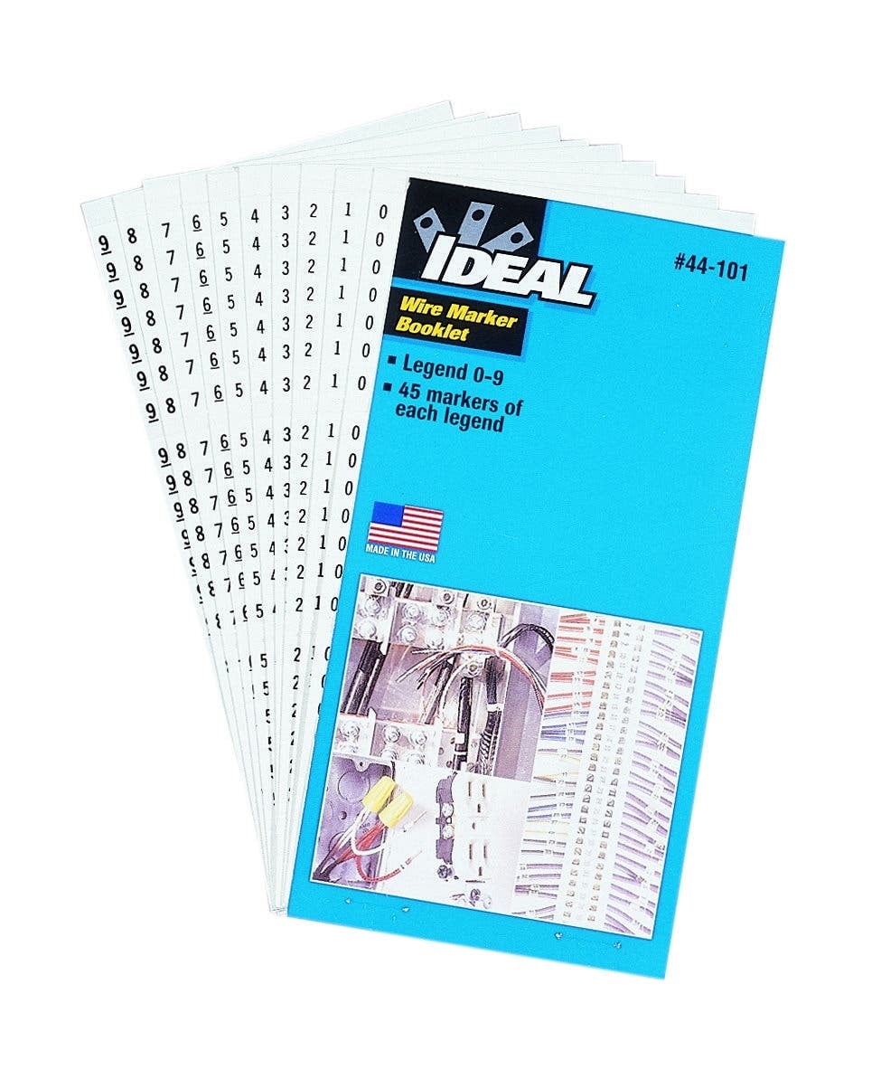 IDEAL, Wire Marker Booklet, Size: 1/4 X 1-1/2 IN Marker, Material: Plastic-Impregnated Cloth, Legend: 0-9, Temperature Rating: -40 To 180 DEG F, Markers Per Page: 45, Number Of Pages: 10/Booklet, Legend Color: Non-Smear Black, Adhesion: 45 OZ/IN Width Ultimate, Includes: 450 Wire Markers And 450 Terminal Markers