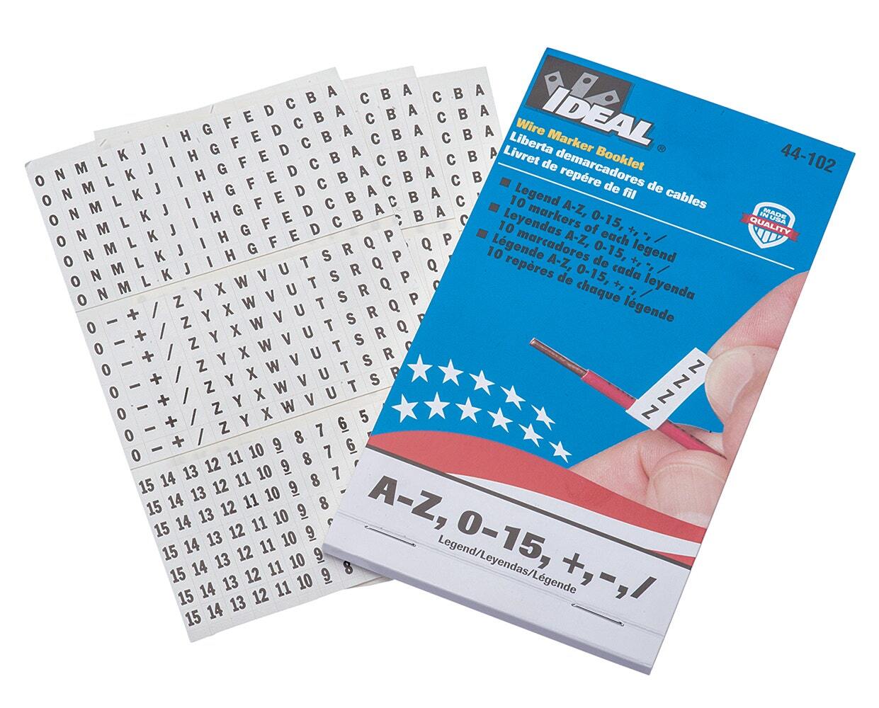 IDEAL, Wire Marker Booklet, Size: 1/4 X 1-1/2 IN Marker, Material: Plastic-Impregnated Cloth, Legend: A-Z, 0-15, +, , /, Temperature Rating: -40 To 180 DEG F, Markers Per Page: 10, Number Of Pages: 10/Booklet, Legend Color: Non-Smear Black, Adhesion: 45 OZ/IN Width Ultimate, Includes: 450 Wire Markers And 450 Terminal Markers