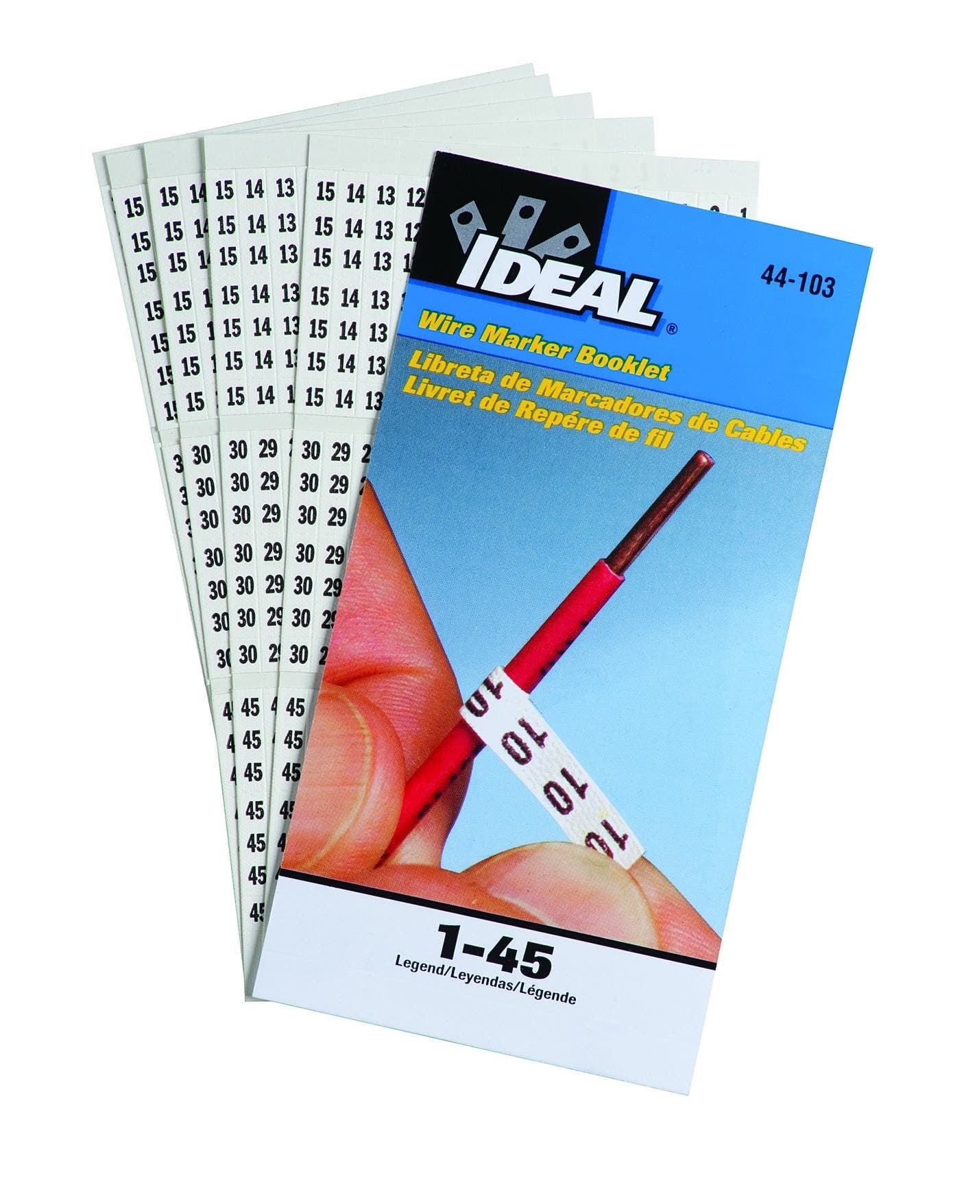 IDEAL, Wire Marker Booklet, Size: 1/4 X 1-1/2 IN Marker, Material: Plastic-Impregnated Cloth, Legend: 1-45, Temperature Rating: -40 To 180 DEG F, Markers Per Page: 10, Number Of Pages: 10/Booklet, Legend Color: Non-Smear Black, Adhesion: 45 OZ/IN Width Ultimate, Includes: 450 Wire Markers And 450 Terminal Markers