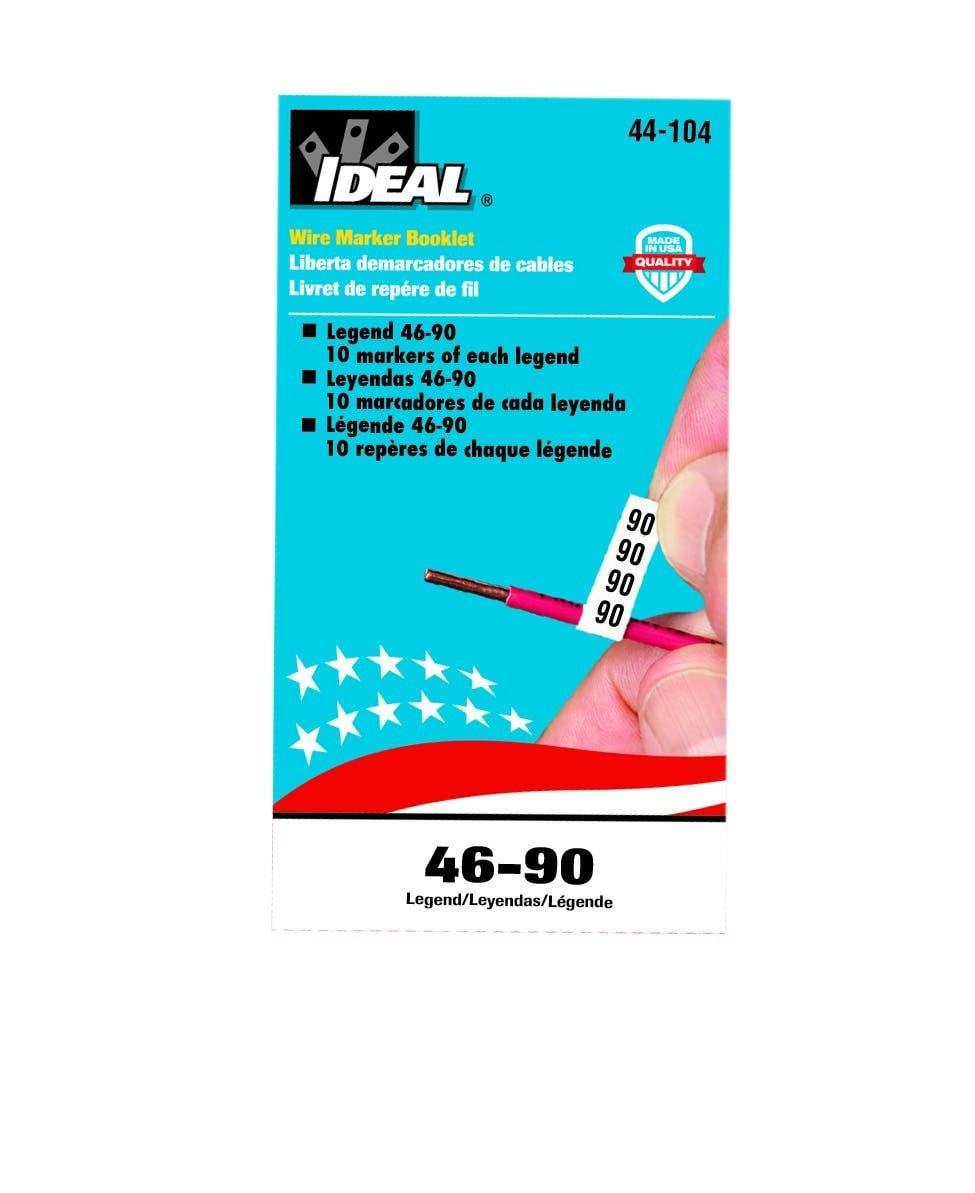 IDEAL, Wire Marker Booklet, Size: 1/4 X 1-1/2 IN Marker, Material: Plastic-Impregnated Cloth, Legend: 46-90, Temperature Rating: -40 To 180 DEG F, Markers Per Page: 10, Number Of Pages: 10/Booklet, Legend Color: Non-Smear Black, Adhesion: 45 OZ/IN Width Ultimate, Includes: 450 Wire Markers And 450 Terminal Markers