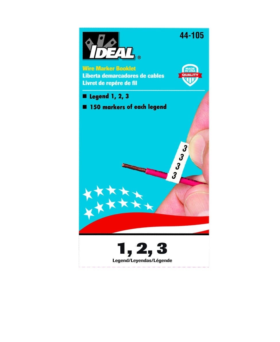 IDEAL, Wire Marker Booklet, Size: 1/4 X 1-1/2 IN Marker, Material: Plastic-Impregnated Cloth, Legend: 1, 2, 3, Temperature Rating: -40 To 180 DEG F, Markers Per Page: 150, Number Of Pages: 10/Booklet, Legend Color: Non-Smear Black, Adhesion: 45 OZ/IN Width Ultimate, Includes: 450 Wire Markers And 450 Terminal Markers