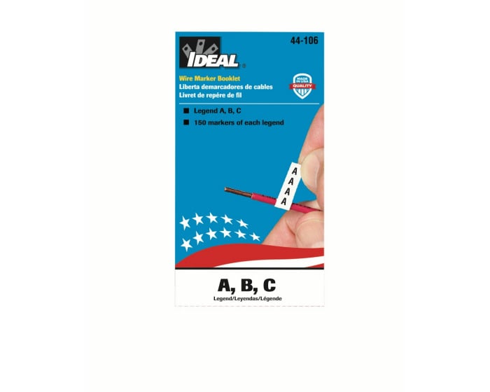 IDEAL, Wire Marker Booklet, Size: 1/4 X 1-1/2 IN Marker, Material: Plastic-Impregnated Cloth, Legend: A, B, C, Temperature Rating: -40 To 180 DEG F, Markers Per Page: 150, Number Of Pages: 10/Booklet, Legend Color: Non-Smear Black, Adhesion: 45 OZ/IN Width Ultimate, Includes: 450 Wire Markers And 450 Terminal Markers